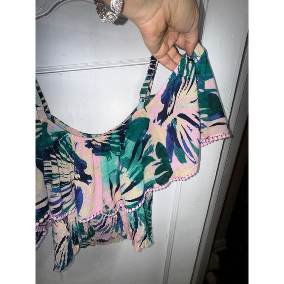 Torrid Tropical Print Ruffled Crop Top Sleeveless Size 00 Multicolor Floral Pink - Picture 2 of 6